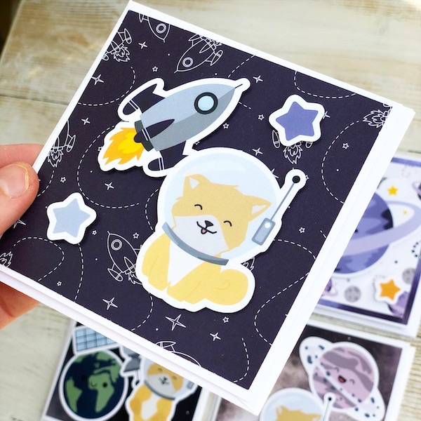 Space card kit cards - space dog and rocket