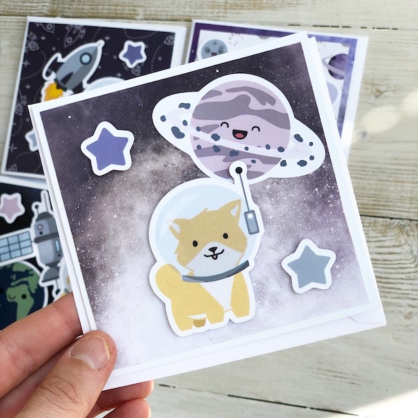 Space card kit cards - space dog and planet