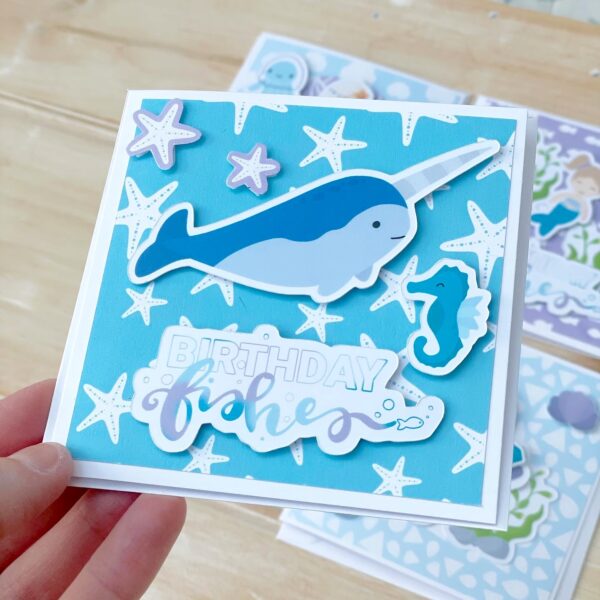 Cute narwhal card from the Mermaid Treasures cardmaking kit by StickerKitten