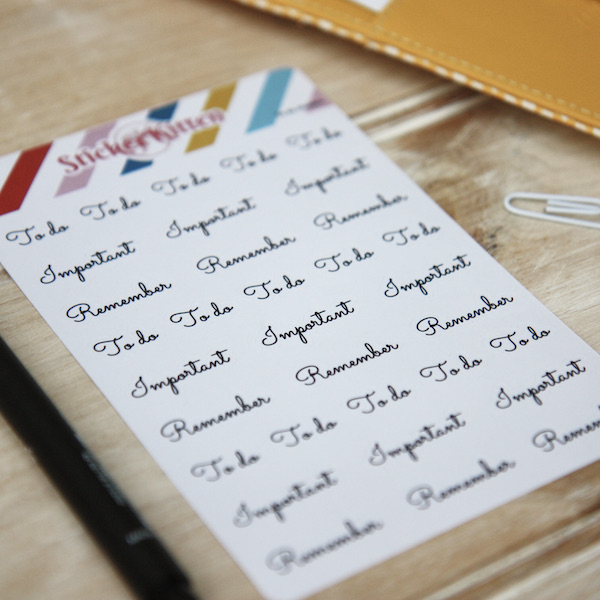 StickerKitten To Do / Important / Remember Scripty Text Planner Stickers on wooden board
