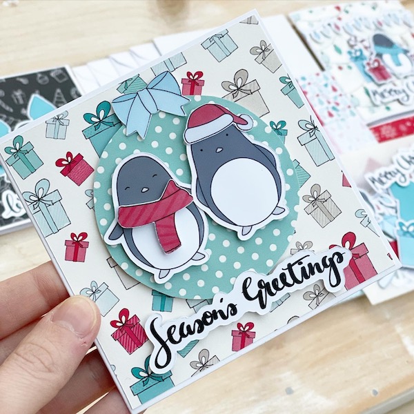Handmade cute penguins christmas card