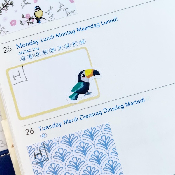 Cute toucan sticker on a planner page